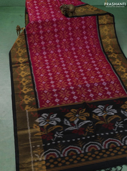 Ikat silk cotton saree pink and black with allover ikat weaves and long zari woven border