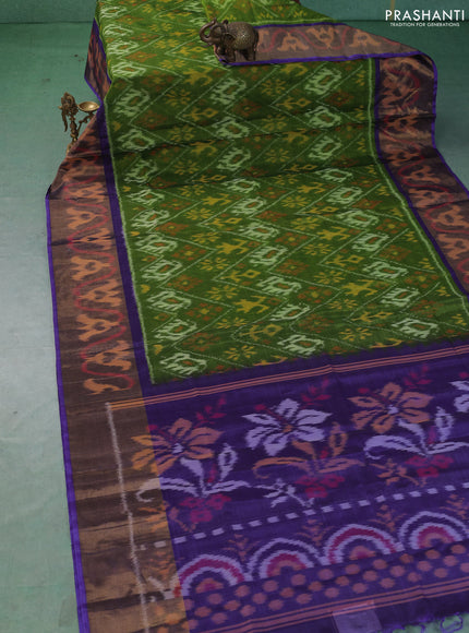 Ikat silk cotton saree green and lavender with allover ikat weaves and long zari woven border