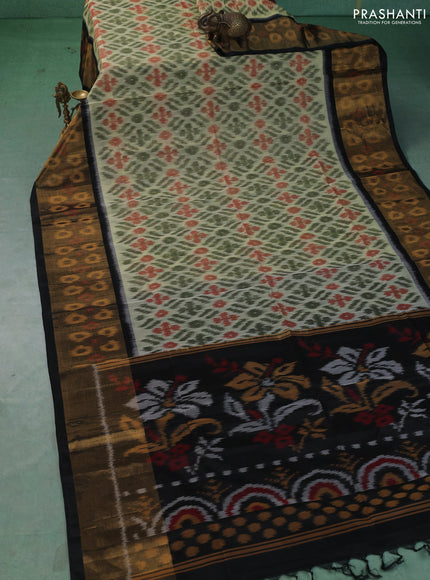 Ikat silk cotton saree pista green and black with allover ikat weaves and long zari woven border