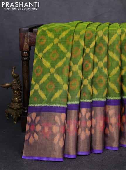 Ikat silk cotton saree light green and violet with allover ikat weaves and long zari woven border