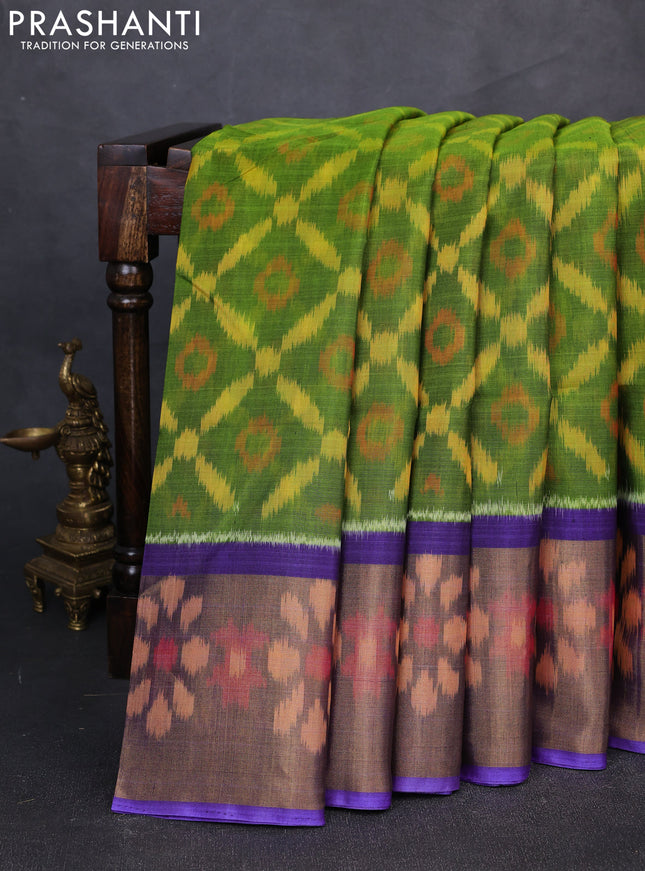 Ikat silk cotton saree light green and violet with allover ikat weaves and long zari woven border