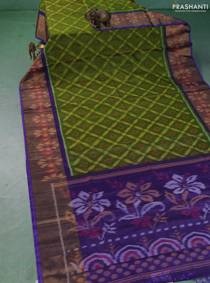 Ikat silk cotton saree light green and violet with allover ikat weaves and long zari woven border