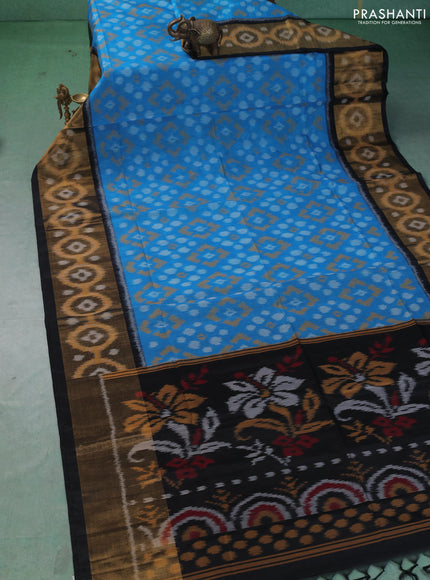 Ikat silk cotton saree cs blue and black with allover ikat weaves and long zari woven border