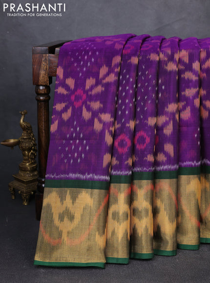Ikat silk cotton saree violet and dark green with allover ikat weaves and long zari woven border
