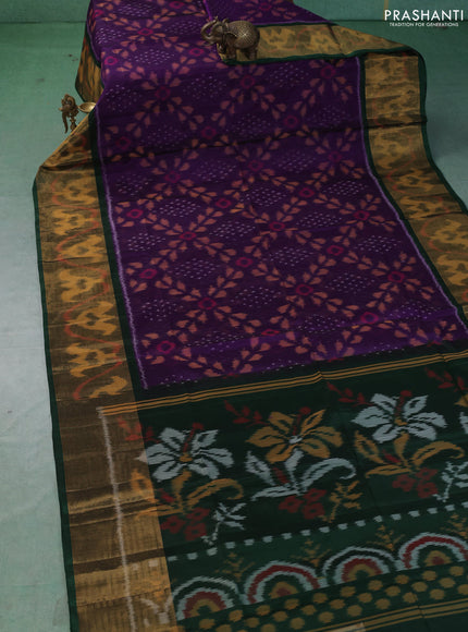 Ikat silk cotton saree violet and dark green with allover ikat weaves and long zari woven border