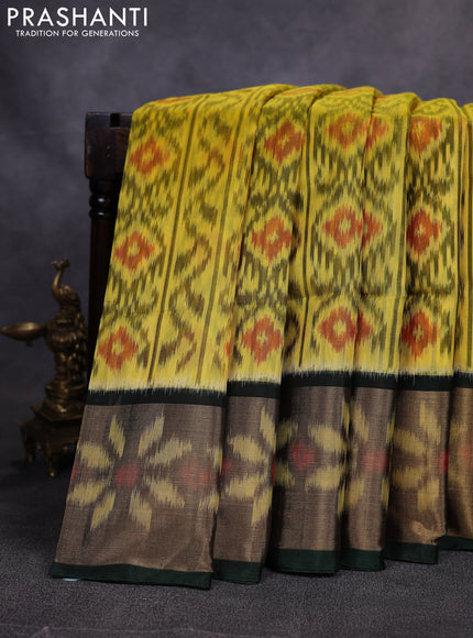 Ikat silk cotton saree lime yellow and dark green with allover ikat weaves and long zari woven border