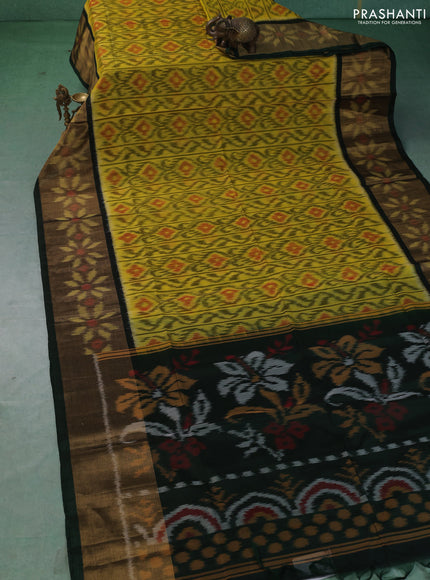 Ikat silk cotton saree lime yellow and dark green with allover ikat weaves and long zari woven border