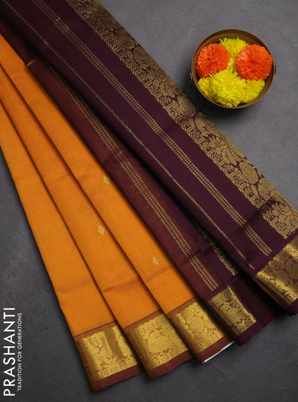 Silk cotton saree mustard yellow and deep wine with zari woven buttas and zari woven border