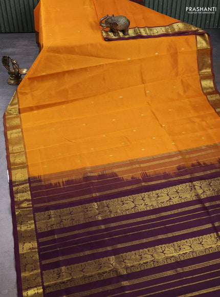 Silk cotton saree mustard yellow and deep wine with zari woven buttas and zari woven border