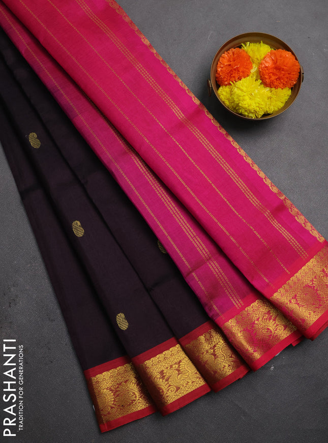 Silk cotton saree coffee brown and pink with zari woven buttas and zari woven border