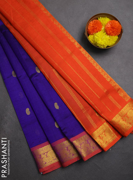 Silk cotton saree blue and orange with zari woven buttas and zari woven border