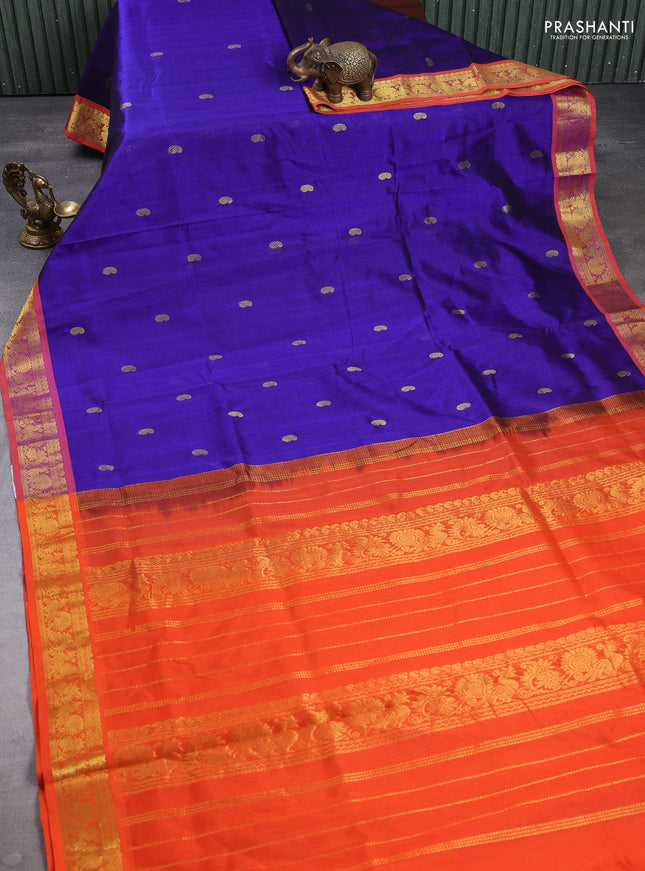 Silk cotton saree blue and orange with zari woven buttas and zari woven border