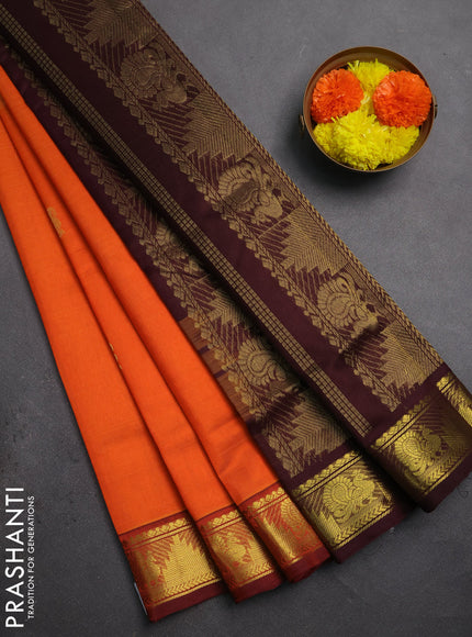 Silk cotton saree orange and coffee brown with zari woven buttas and zari woven border