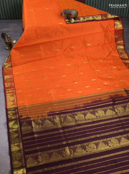 Silk cotton saree orange and coffee brown with zari woven buttas and zari woven border