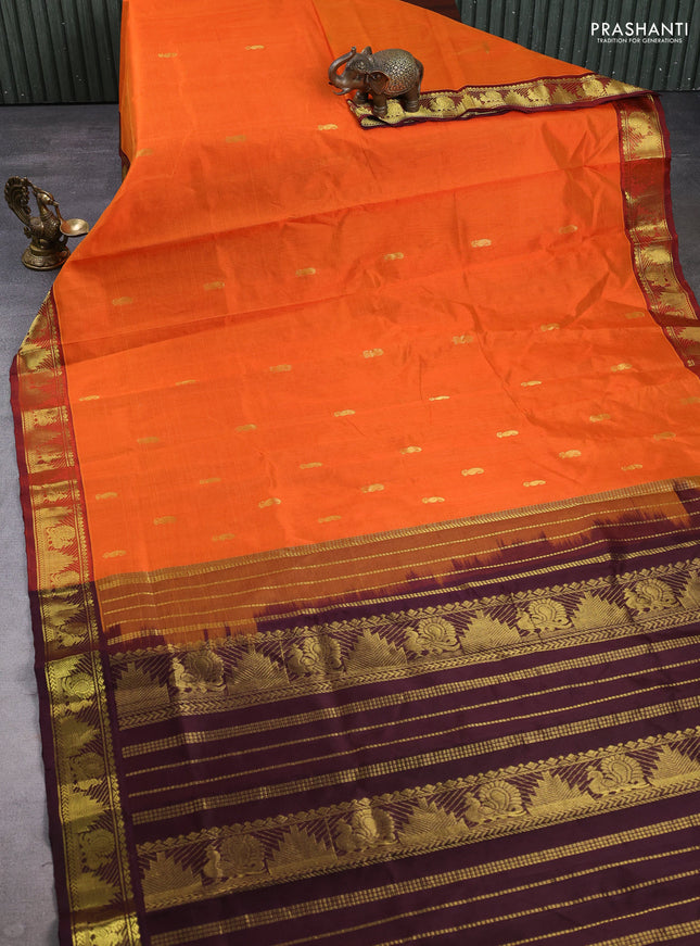 Silk cotton saree orange and coffee brown with zari woven buttas and zari woven border