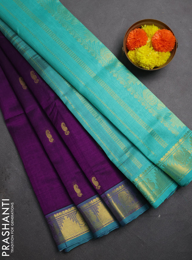 Silk cotton saree purple and teal green with zari woven buttas and zari woven border