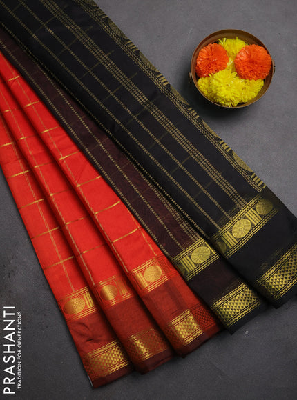 Silk cotton saree red and black with allover zari checked pattern and rettapet zari woven border