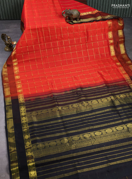 Silk cotton saree red and black with allover zari checked pattern and rettapet zari woven border