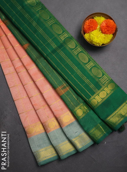 Silk cotton saree pale orange and green with allover zari checked pattern and rettapet zari woven border