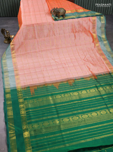 Silk cotton saree pale orange and green with allover zari checked pattern and rettapet zari woven border