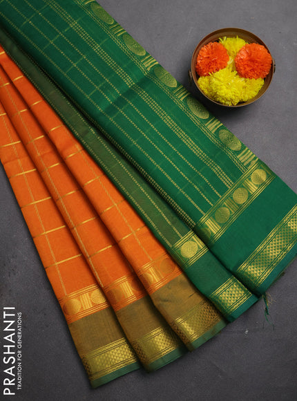 Silk cotton saree orange and green with allover zari checked pattern and rettapet zari woven border