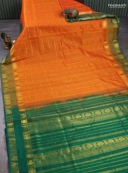 Silk cotton saree orange and green with allover zari checked pattern and rettapet zari woven border