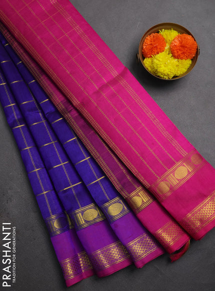 Silk cotton saree blue and pink with allover zari checked pattern and rettapet zari woven border