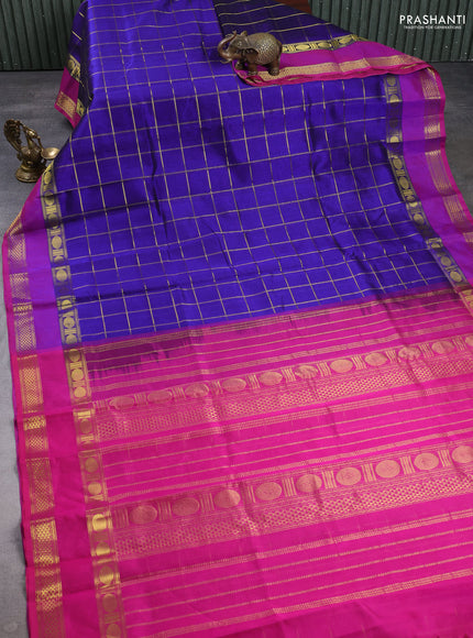Silk cotton saree blue and pink with allover zari checked pattern and rettapet zari woven border