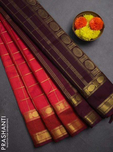 Silk cotton saree dual shade of pink and deep wine with allover zari checked pattern and rettapet zari woven border