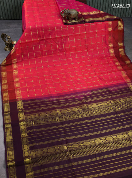 Silk cotton saree dual shade of pink and deep wine with allover zari checked pattern and rettapet zari woven border