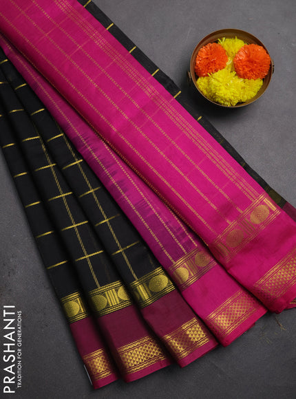 Silk cotton saree black and magenta pink with allover zari checked pattern and rettapet zari woven border