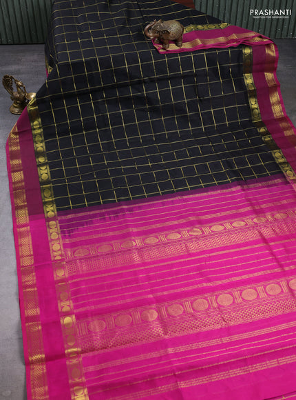 Silk cotton saree black and magenta pink with allover zari checked pattern and rettapet zari woven border