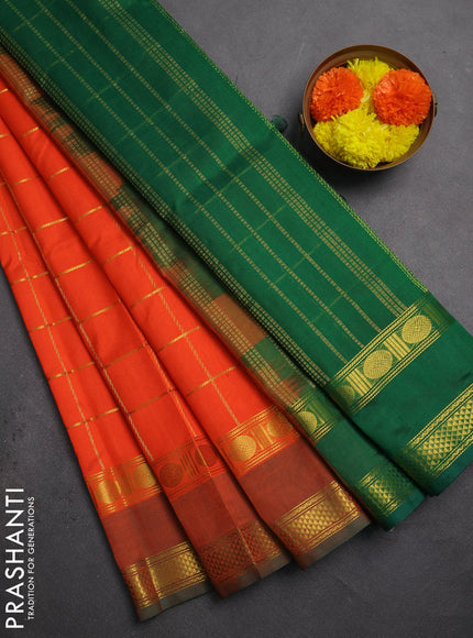Silk cotton saree orange and green with allover zari checked pattern and rettapet zari woven border