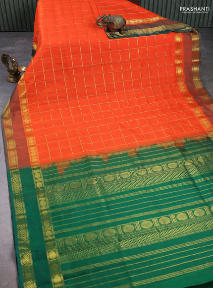 Silk cotton saree orange and green with allover zari checked pattern and rettapet zari woven border