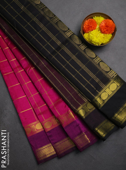 Silk cotton saree pink and black with allover zari checked pattern and rettapet zari woven border