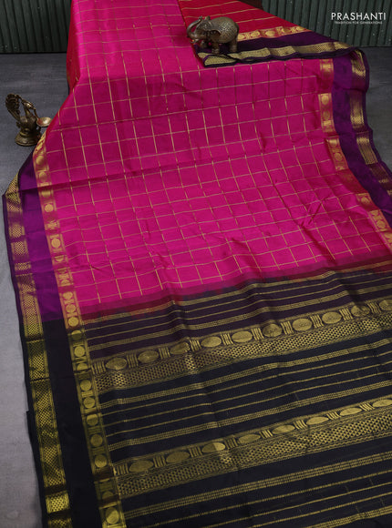 Silk cotton saree pink and black with allover zari checked pattern and rettapet zari woven border