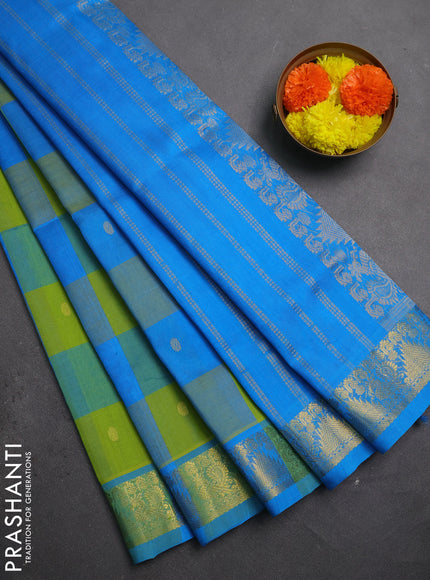Silk cotton saree light green and cs blue with allover paalum pazhamum checks & buttas and zari woven border