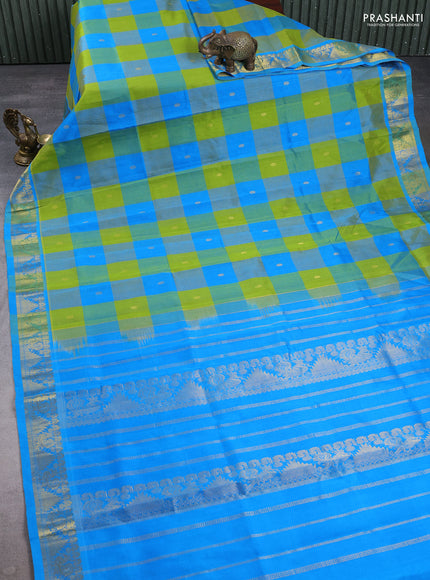 Silk cotton saree light green and cs blue with allover paalum pazhamum checks & buttas and zari woven border