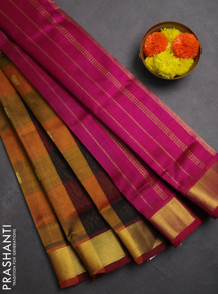 Silk cotton saree multi colour and magenta pink with allover paalum pazhamum checks & buttas and zari woven border