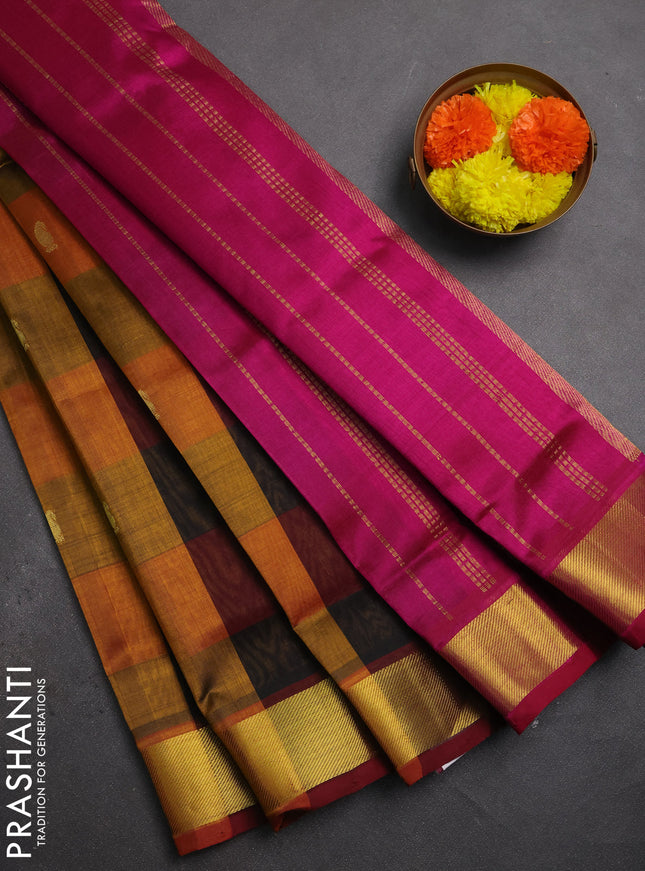 Silk cotton saree multi colour and magenta pink with allover paalum pazhamum checks & buttas and zari woven border
