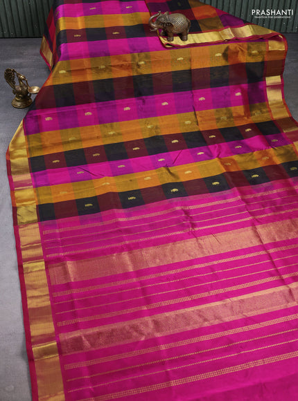Silk cotton saree multi colour and magenta pink with allover paalum pazhamum checks & buttas and zari woven border