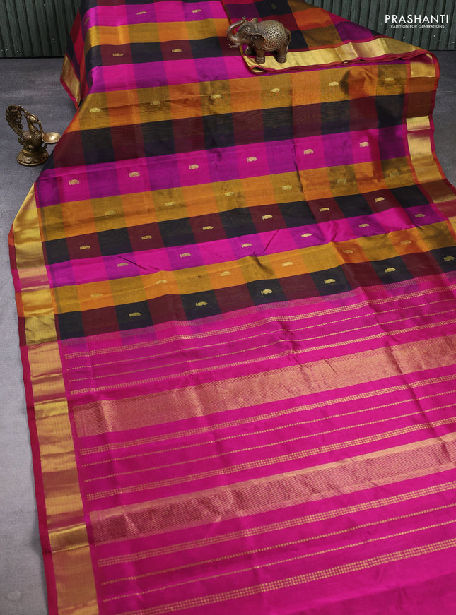 Silk cotton saree multi colour and magenta pink with allover paalum pazhamum checks & buttas and zari woven border