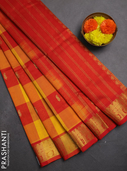 Silk cotton saree yellow and red with allover paalum pazhamum checks & buttas and zari woven border