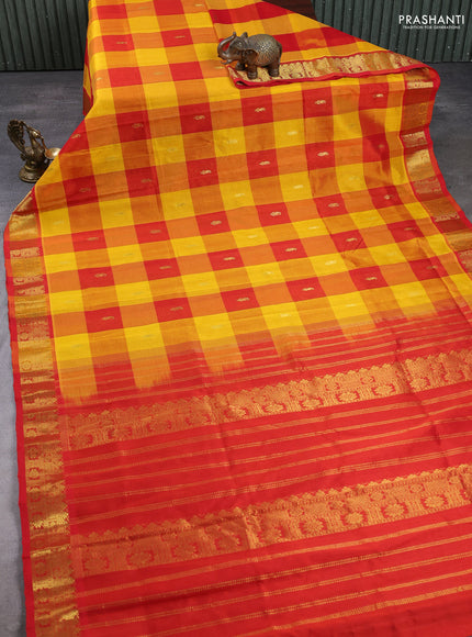 Silk cotton saree yellow and red with allover paalum pazhamum checks & buttas and zari woven border