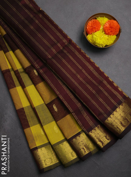 Silk cotton saree lime yellow and coffee brown with allover paalum pazhamum checks & buttas and zari woven border