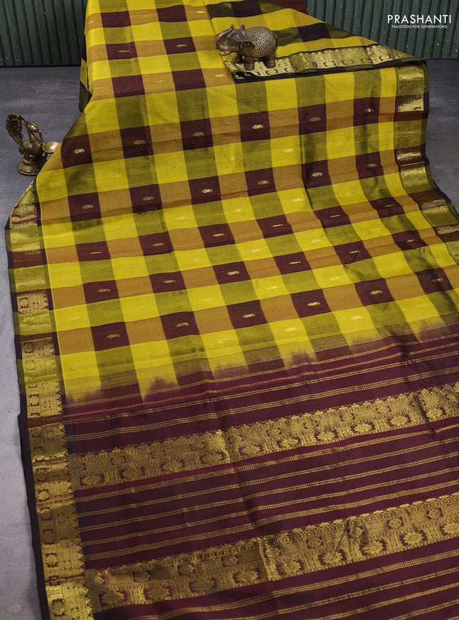 Silk cotton saree lime yellow and coffee brown with allover paalum pazhamum checks & buttas and zari woven border