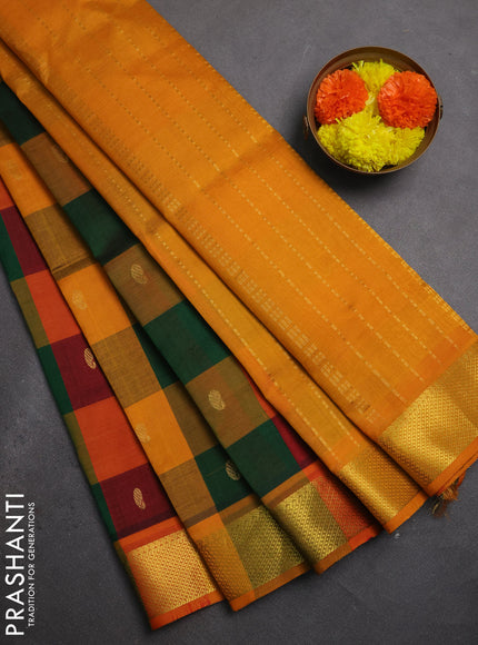 Silk cotton saree multi colour and mustard yellow with allover paalum pazhamum checks & buttas and zari woven border