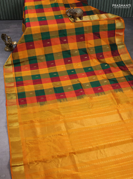 Silk cotton saree multi colour and mustard yellow with allover paalum pazhamum checks & buttas and zari woven border