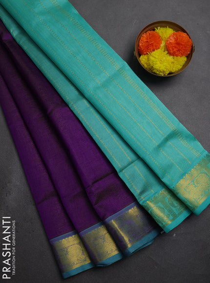 Silk cotton saree purple and teal green with allover vairaosi pattern and zari woven border