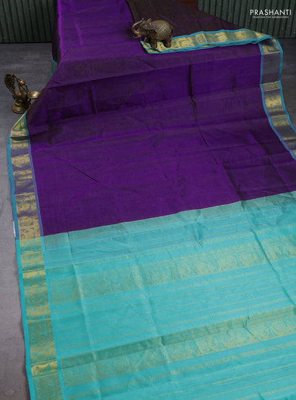 Silk cotton saree purple and teal green with allover vairaosi pattern and zari woven border